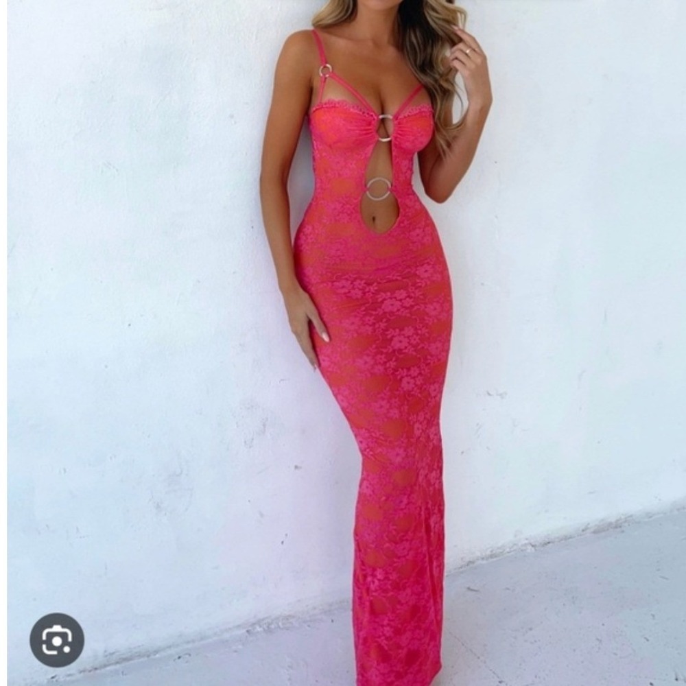 Outcast Clothing Imogen Pink Lace Maxi Dress Orange Lining Cut Out XS